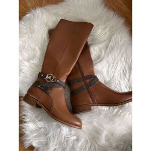 Michael Kors Rory Knee High Riding Boots MK Logo Embossed Strap  Luggage Size 7.